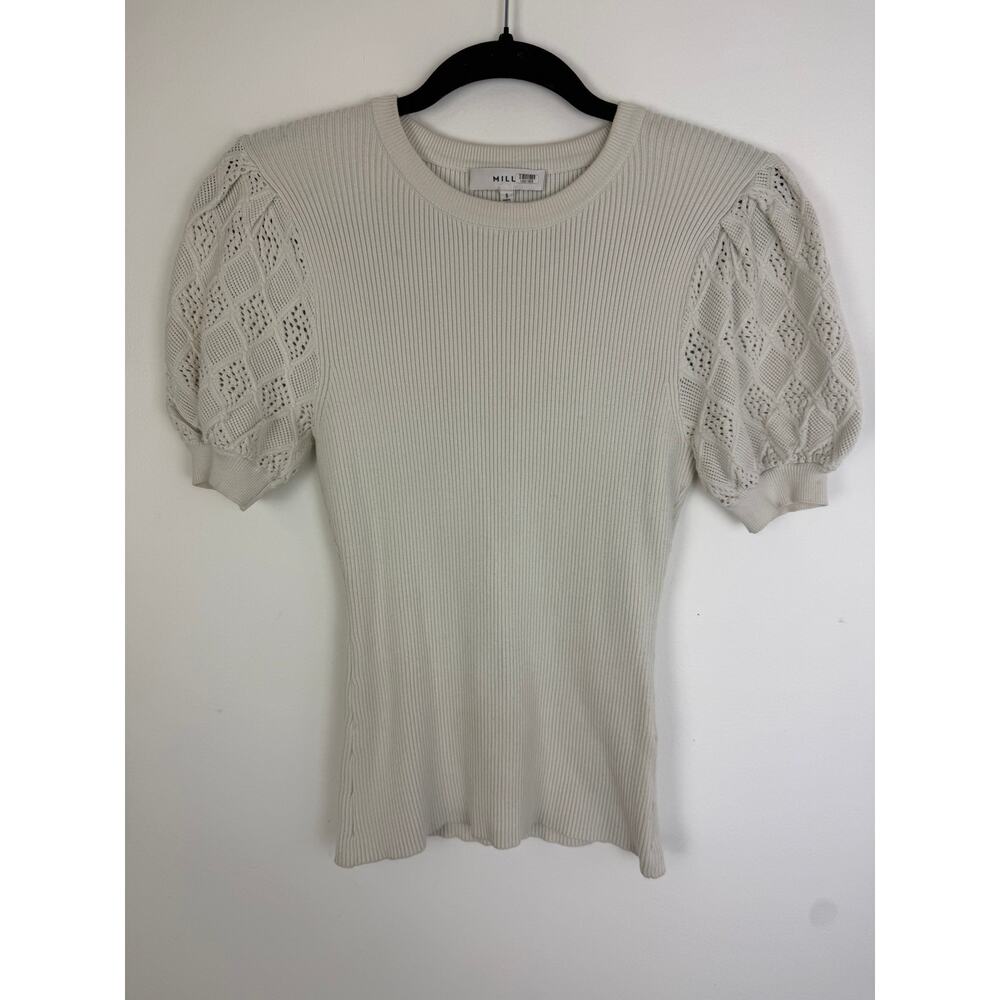 Milly Womens Pointelle Puff Sleeve Rib Knit Fitted Stretch Sweater Cream Small